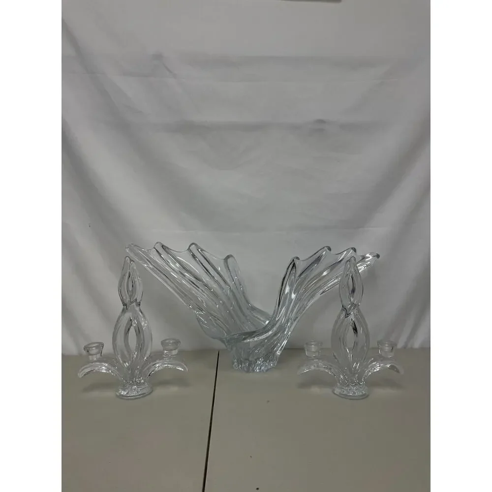 Vannes Crystal France Art Wings Centerpiece & Double Candlestick Holder Set of 3